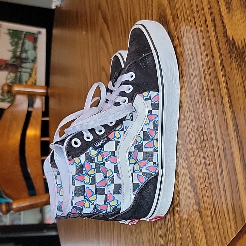 High Top Vans- Black and White Checkers and Butterfly's - Women Size 6